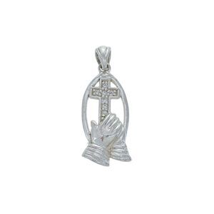 Sterling Silver 925 Praying Hands and Religious Cross Cubic Zirconia Pendant